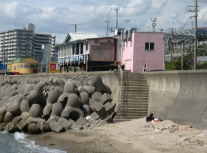 海の間際に建つ、ピンクがかった建物が防波堤の向こう側に見えます。防波堤のすぐ下は、テトラポットが積み重ねられて置いてあります。