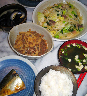 ご飯と味噌汁、青いお皿にサバの切り身、変形の深めの器にれんこんの炒め物、そして丸い大きめの和風のお皿に野菜炒め、小さめの片口のついた器には茄子のお新香が、それらがテーブルに並んでいます。