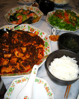 麻婆豆腐の入った大皿、そして大皿と同じ柄の銘々皿、ご飯にスープ、同じ模様の中皿にはサラダと、青梗菜の炒め物が。"