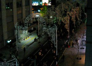 夜の道路をまたぐように、白いアーチが幾つも並んでいます。下の道路には人が固まっているように見えます。まだ灯りがついていないので、ただの大きなアーチが並んでいるだけにしか見えません。