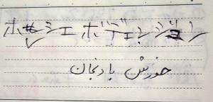 耳で聞いた発音を書きとめ、何度も手直しして書き直した部分が見えます。その下には、まるで記号にしか見えない文字が、ペルシャ語でメニューの名前が書かれているようですが・・・・。