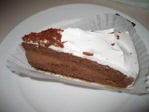白いお皿に乗った三角形の茶色いケーキ、上には生クリームが塗られています。