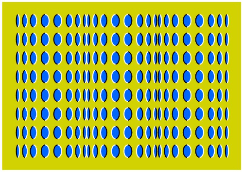 黄色い四角の図形の中に青い丸が縦に規則正しく並んでいます。その形が細長いのから円に近いのまで順に並んでいるために、旗がなびいているように見える図形です。