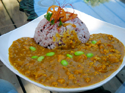 古代米を混ぜて炊いたご飯にひき肉のカレー。散らした枝豆の緑が鮮やかです。