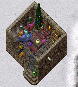 真っ白な雪で覆われた地面の上に、小さな石の塔が、ゲームの世界では下から2番目に小さな家です。一階の部分は、テーブル、ベンチ、クリスマスツリー、ケーキ、火鉢に見立てた炉、壁には絵なども飾られ小さいながらも、内装を楽しんでいた時代。