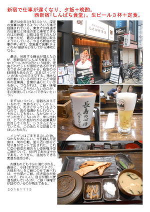 新宿で仕事が遅くなり、夕飯＋晩酌。西新宿｢しんぱち食堂｣。生ビール３杯＋定食。