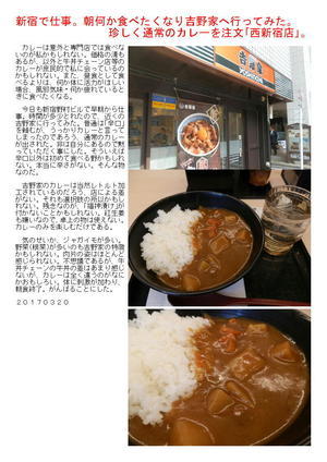 新宿で仕事。朝何か食べたくなり吉野家へ行ってみた。珍しく通常のカレーを注文。