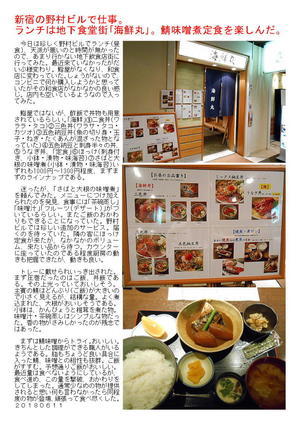 新宿の村ビルで仕事。ランチは地下食堂街｢海鮮丸｣。鯖味噌煮定食を楽しんだ。