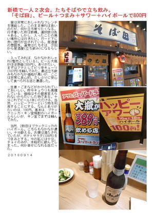 新橋で一人２次会。たちそばやで立ち飲み。｢そば田｣、ビール＋つまみ＋サワー＋ハイボールで800円