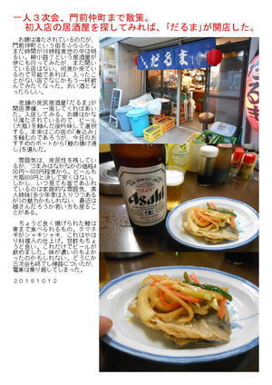 一人３次会、門前仲町まで散策。初入店(居酒屋)を探してみれば、｢だるま｣が開店した。