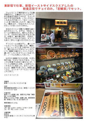 東新宿で仕事、新宿イーストサイドスクエアしたの飲食店街でチョイのみ。｢若鯱家｣でセット。