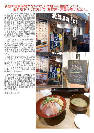 新宿で仕事時間がなかつたので地下の鮨屋でランチ。西口地下「うに丸」で 海鮮丼・大盛りをいただく。