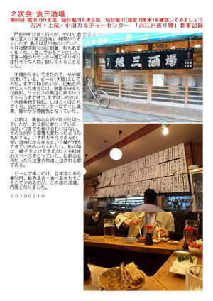 ２次会 魚三酒場第　60回 隅田川の支流、仙台堀川を巡る旅　仙台堀川(福富川親水)を確認してみましょう　古河・上尾・小山カルチャーセンター　｢お江戸巡り⑳｣ 食事記録