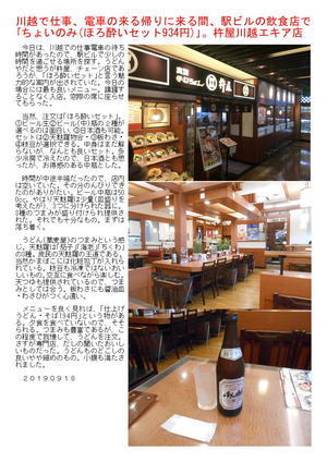 川越で仕事、電車の来る帰りに来る間、駅ビルの飲食店で｢ちょいのみ(ほろ酔いセット934円)｣。杵屋川越店