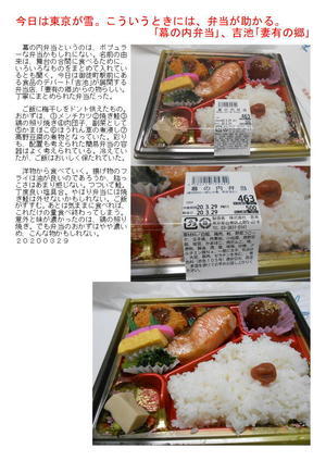 今日は東京が雪。こういうときには、弁当が助かる。｢幕の内弁当｣、吉池｢妻有の郷｣