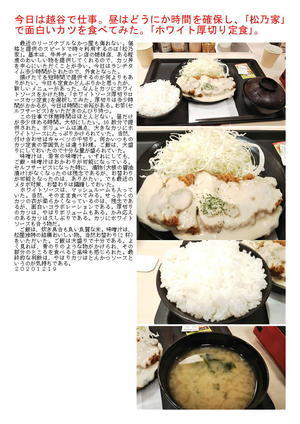 今日は越谷で仕事。昼はどうにか時間を確保し、｢松乃家｣で面白いカツを食べてみた。｢ホワイト厚切り定食｣。