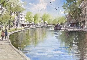 パリ　サンマルタン運河 - 赤坂孝史の水彩画　AKASAKA TAKASHI watercolor