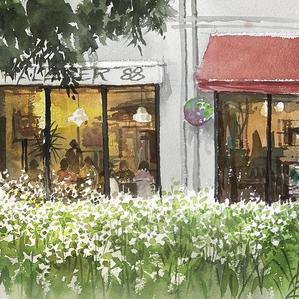 大阪　うつぼ公園から覗くカフェ - 赤坂孝史の水彩画　AKASAKA TAKASHI watercolor
