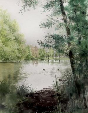 静寂の池　 - 青山一樹 水彩画のひととき