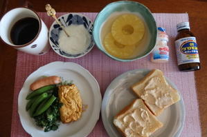朝：卵焼き・ウィンナー・エンドウ豆のお浸し、パイン、ヨーグルト、ピーナツバタートースト、コーヒー　昼：欠　夜：冷やし中華、キュウリと株の浅漬け、寿司ご飯 - 