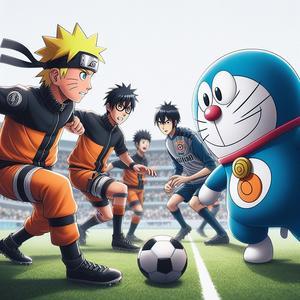 Naruto team against Doraemon team playing soccer - 