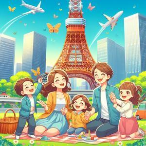 Happy family playing under Tokyo Tower - 