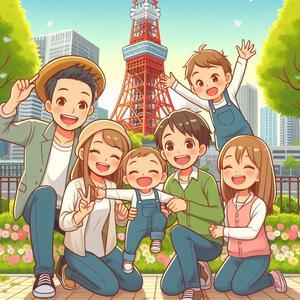 Happy family playing under Tokyo Tower - 