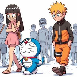 Doraemon walks with Naruto and little Hitana - 