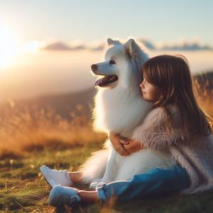 自作のメロディー、風景画像(白い犬と少女) - 