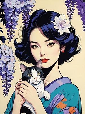 『猫と女性と山藤』 - ギャラリーしぜんのかぜ