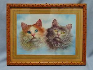 ネコ２匹のクロモスプリント入り額絵 - 友くんのパリ蚤の市散歩