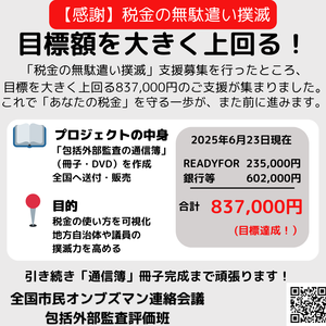 【感謝】“税金の無駄遣い撲滅”支援募集　目標額を大きく上回る！ - 市民オンブズマン　事務局日誌