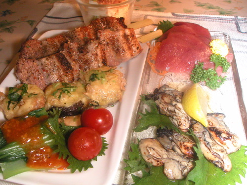 晩ご飯は牡蠣のたたきと豚バラの串焼きです。_b0033423_20383265.jpg