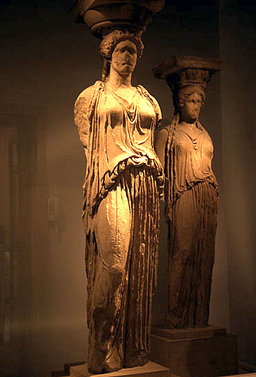 アクロポリスの石の置物 古代ギリシア女性(巫子)像多角柱（円柱） コラム テーブル花台 台座