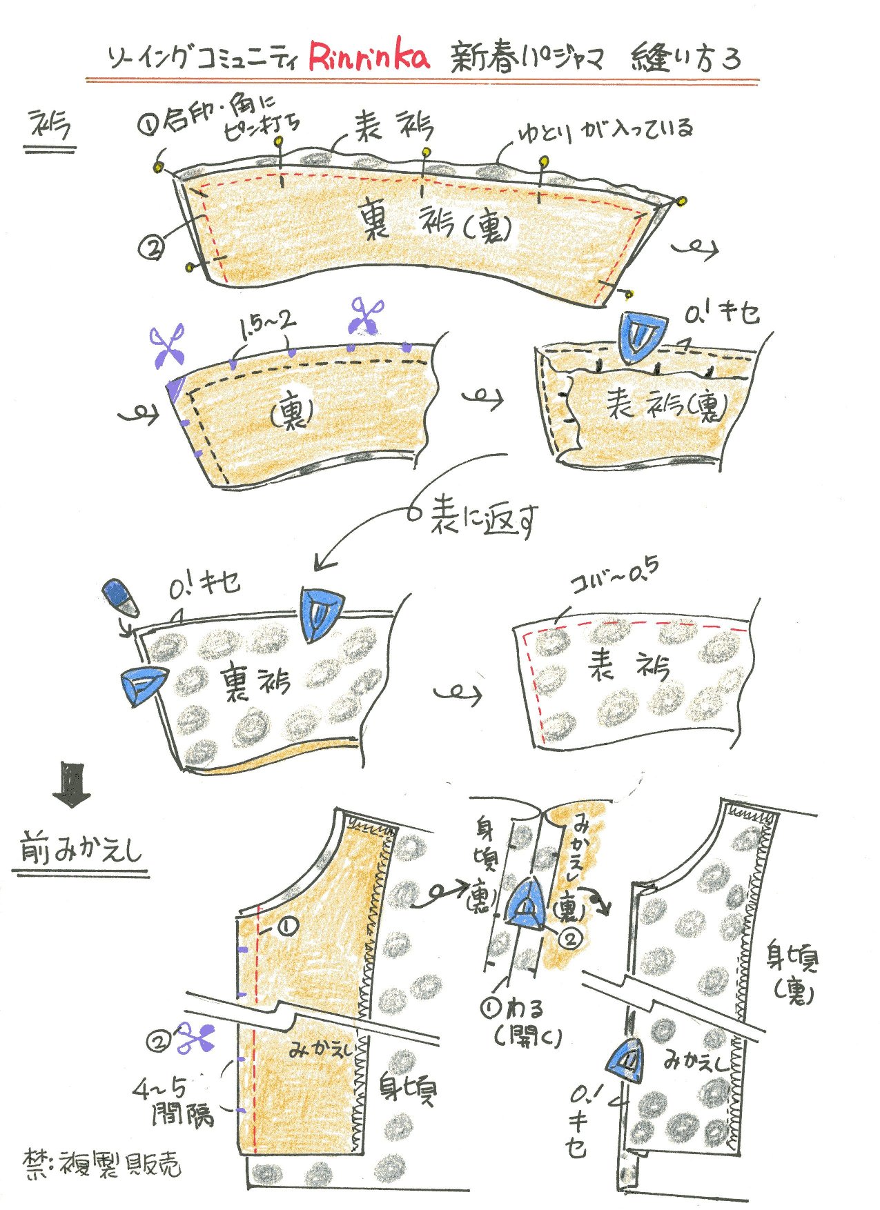 新春パジャマ 衿の縫い方 図で説明 暮らし英語楽しみながら 新春パジャマ 衿の縫い方 図で説明 暮らし英語楽しみながら