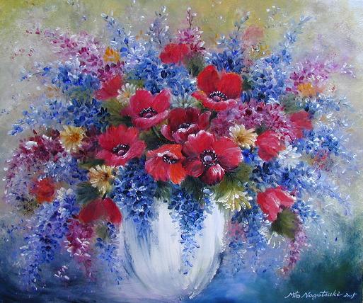 油絵 油彩 油彩画 絵 絵画 【梅雨の花】 梅雨時の花たち : 油絵画家、