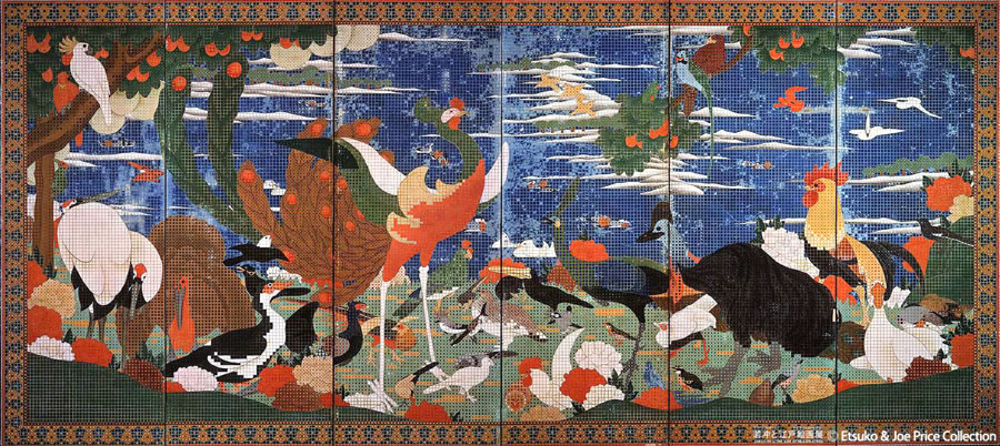 伊藤若冲 花鳥画 額装 『 竹梅 双鶴図 』プライスコレクション 復刻