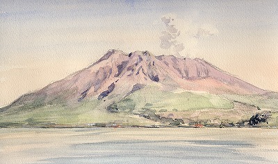磯からの桜島 11.3．2006 M4 透明水彩 : ラフスケッチ