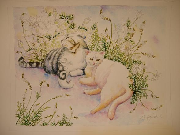 絵画 油絵 2匹の猫