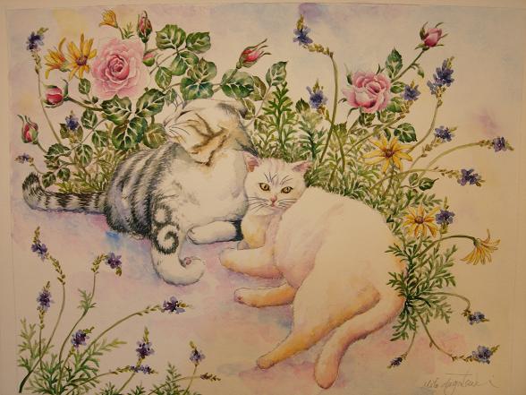 くつろぐ２匹の猫の絵～色塗りライブ8 完成～ : 油絵画家、永月水人の 