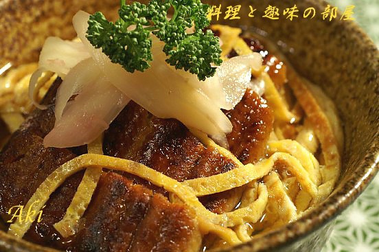 鰻玉子茶漬け／茄子の揚げ浸し／高野豆腐の煮物です。_b0033423_16174963.jpg