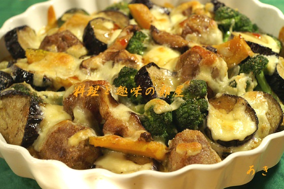 創作　肉団子と野菜のチーズ焼き／渡り蟹のおじや／法蓮草と菊の花の昆布ポン酢_b0033423_16112562.jpg