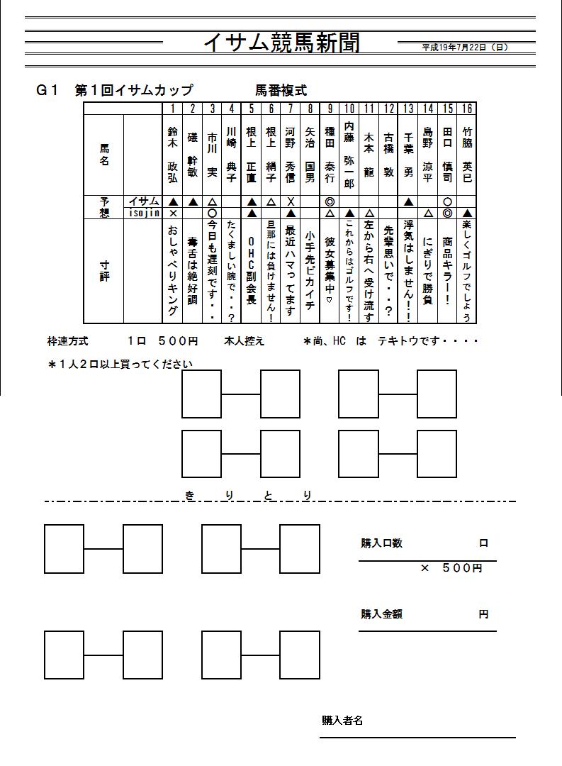 イサム杯 馬表です Isojin ランド