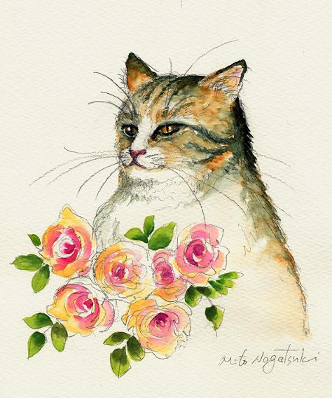 薔薇と猫　水彩画_b0089338_2355135.jpg
