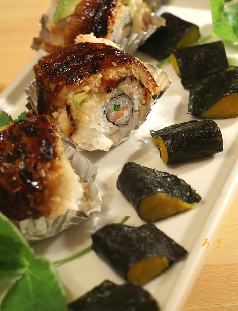 創作鰻寿司(巻き物)／ヘルシー握り寿司　リクエスト料理です。_b0033423_10581942.jpg