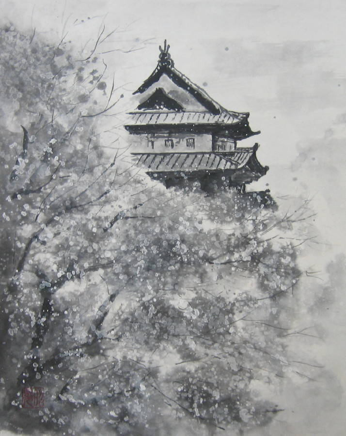 水墨画 お城とサクラ 自由気ままに 水墨画 お城とサクラ 自由気ままに