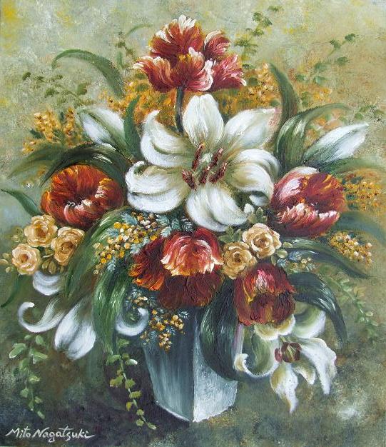58×51cm  落ち着いた雰囲気の油彩 百合 絵画 静物画 58×51cm 落ち着いた雰囲気の油彩 百合 絵画 静物画