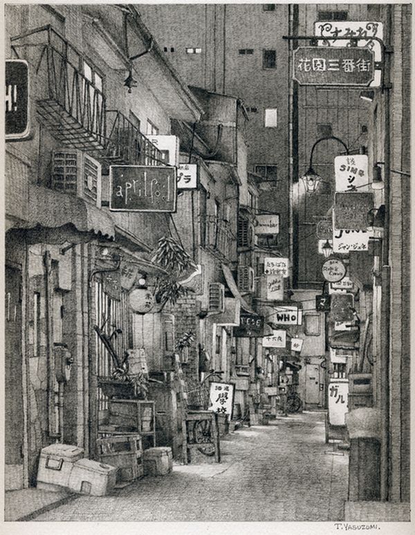 安住孝史 [東京夜の町角] 鉛筆画 真筆 絵画 原画