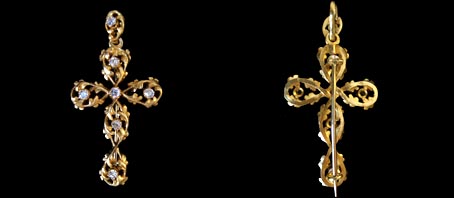 N.0219 ダイヤモンド クロス型植物紋18金彫金細工 十字架