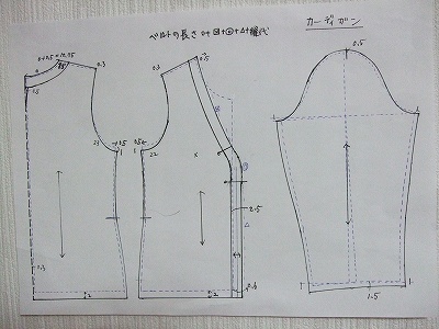 製図教室課題の Vネック カーディガン アトリエ A Y 洋裁教室
